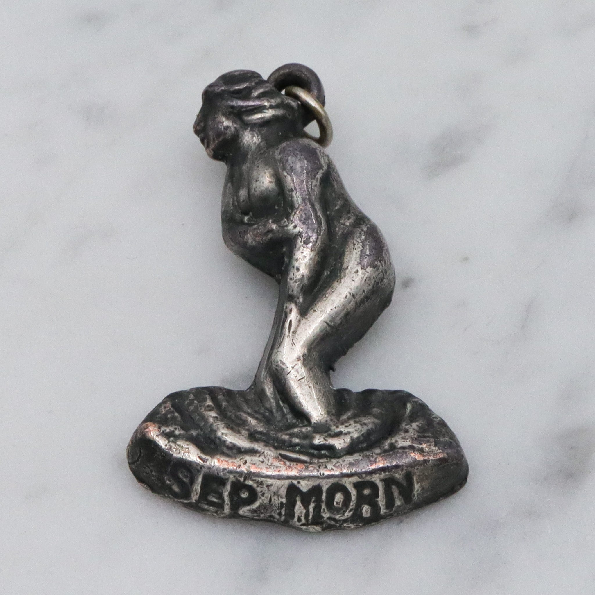 Rare Antique silver plated "September Mourn" statue charm pendant